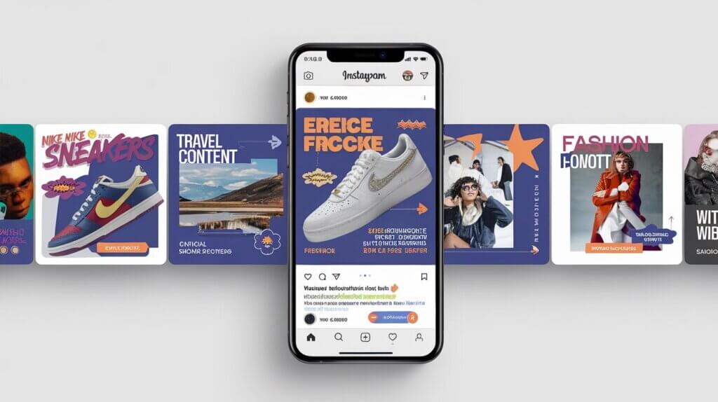 A phone screen filled with different social media posts, highlighting engaging Instagram slideshows with dynamic visuals.