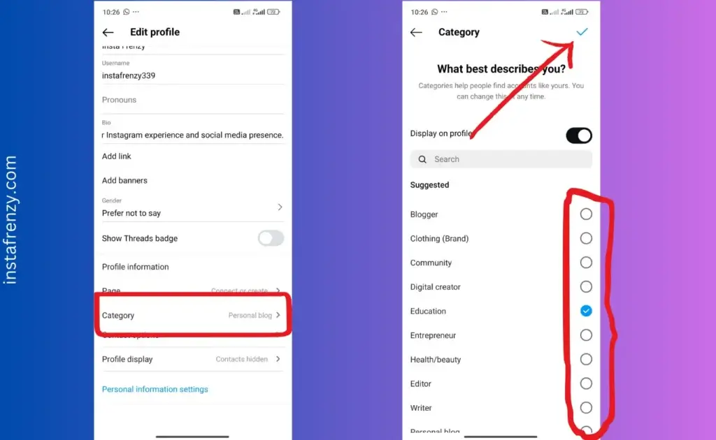 steps to change category on instagram