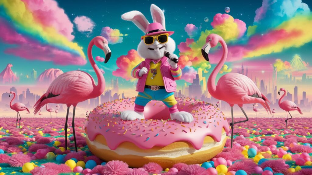 a colorful surreal image of bad bunny standing on NPCMktL1QMOv864rLfxi5w 41h3ZUiQRry3k3XEpjgepA