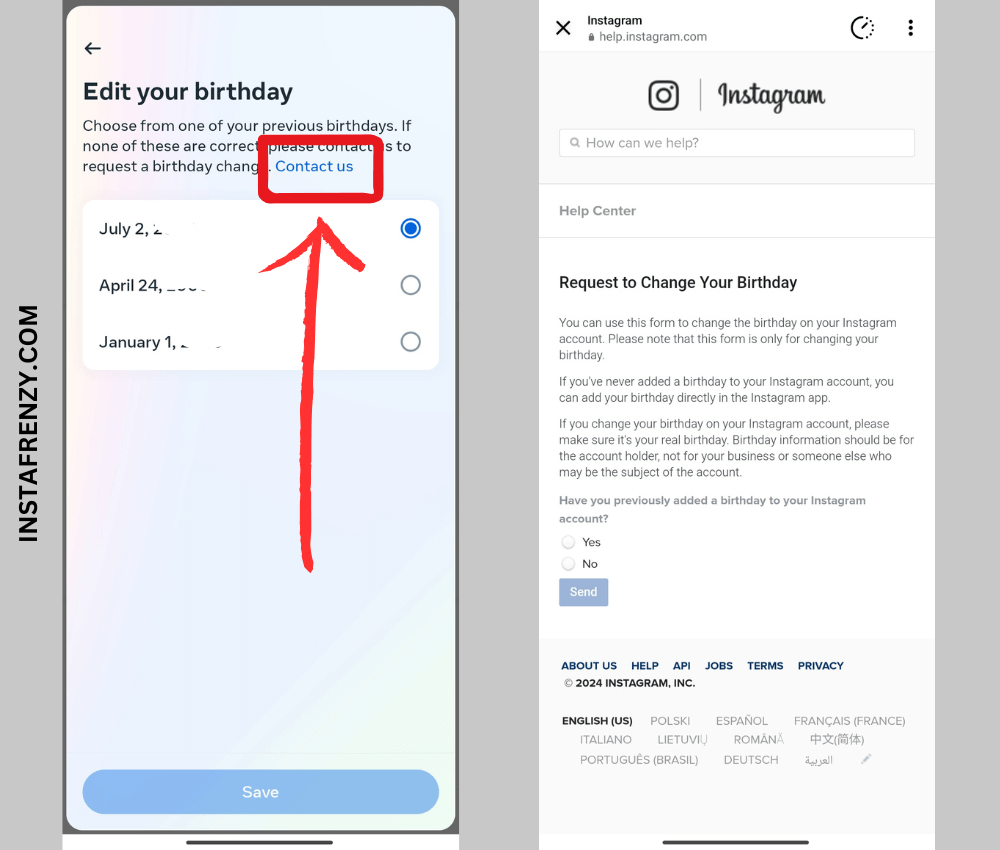 step 4: fill out request form for changinng birthdate on instagram