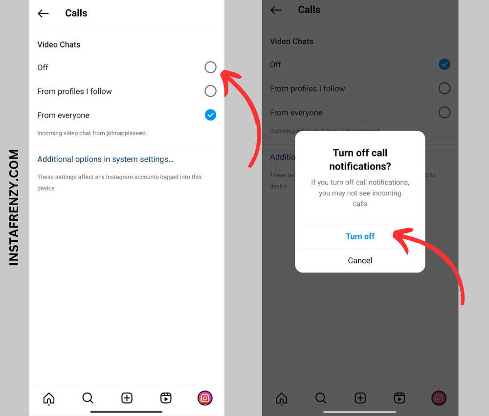 turn off calls on instagram